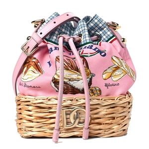 Dolce & Gabbana Wicker Calfskin Canvas Printed La Dolce Vita Bucket Bag Rosa